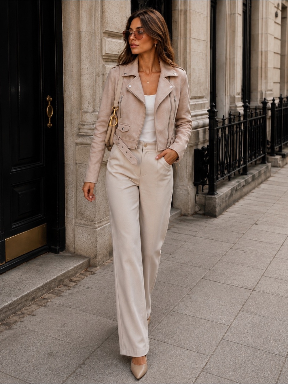 Zara Beige Suede Moto Jacket with Silver Hardware